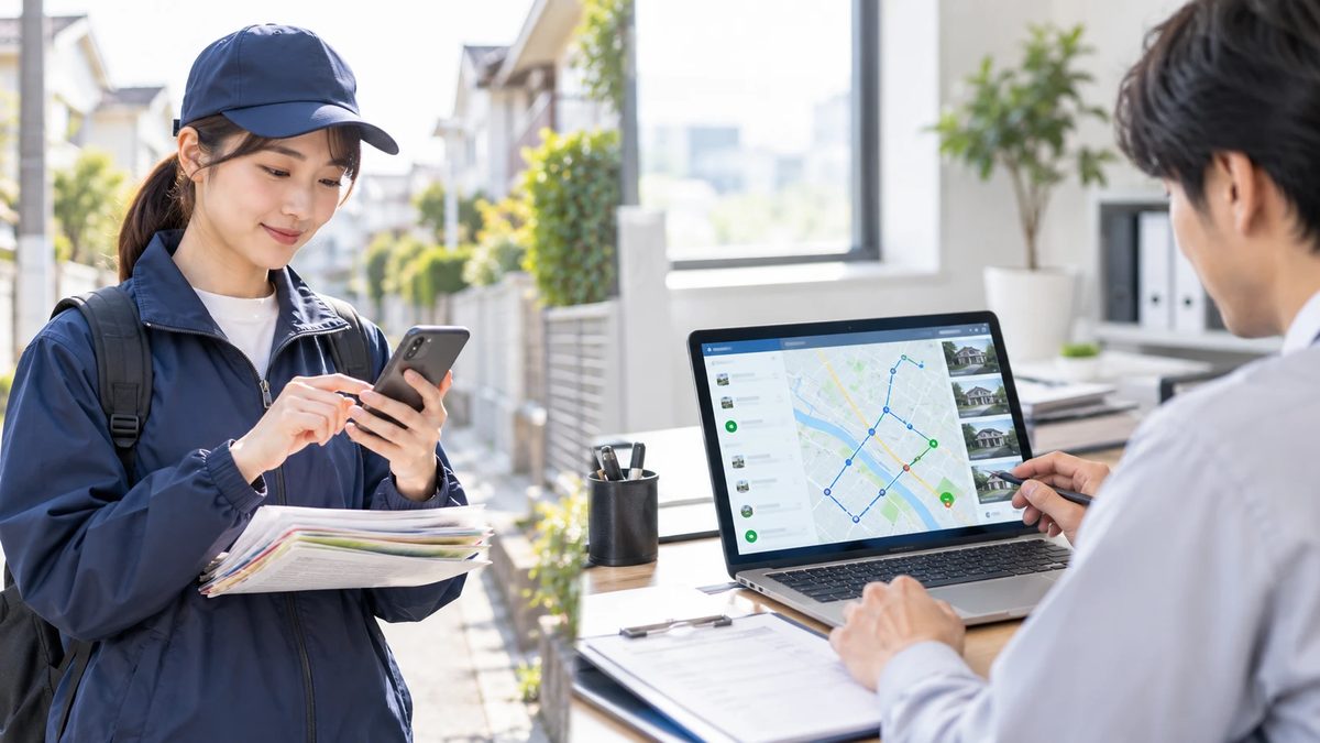 配布員のスマホと事務所の地図で、配布ルートを確かめている様子